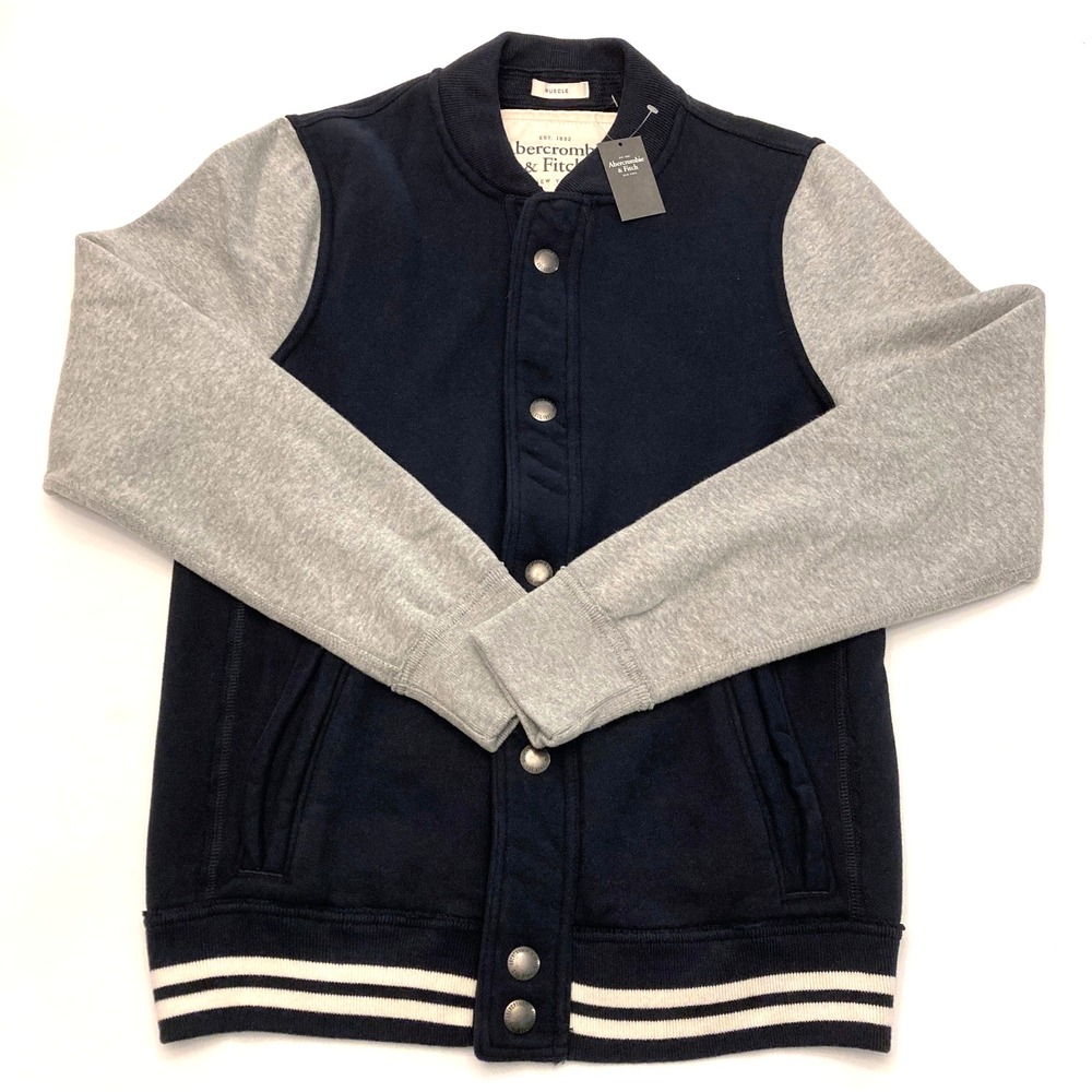 Abercrombie & Fitch A&F Muscle Men S Snap Varsity Navy Fleece Sweatshirt Jacket